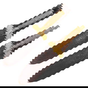 (2) U.S; MILITARY M1890 ENTRENCHING KNIVES & SCABBARDS: (lot of 2) U.S. Model 1890 Entrenching Knives: (1) approx. 8.25" blade held with the two pin brass guard marked at one side "U.S. Springfield", at the opposite side numbered