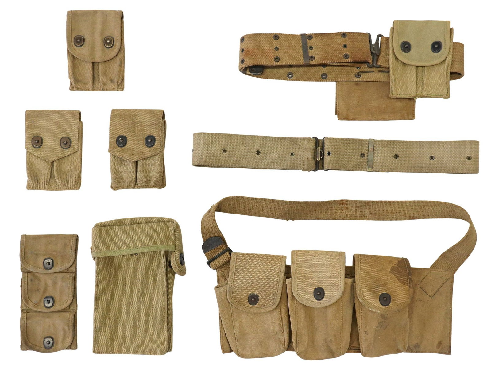 (8) US ARMY WWI ERA AMMO POUCHES, BELTS: (lot of 8) U.S. Army Belts, Ammo Pouches: (1) Pedersen Device Pouch Only, the device allowed for the conversion of the bolt action U.S. Model 1903 Springfield rifle to be used as an au
