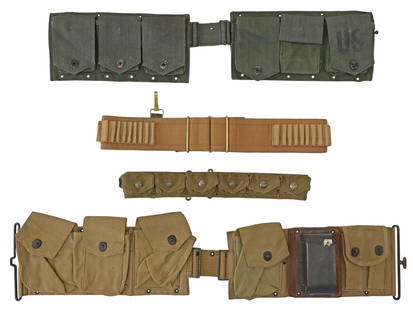 (4) WWI BAR CARTRIDGE BELT, 1903 PISTOL AMMO BELT: (lot of 4) U.S. Army Cartridge Belts: (1) Browning Automatic Rifle (BAR) two section ammunition belt marked at the back in two places "P.B. & Co, Rifleman's Left (opposite side is
