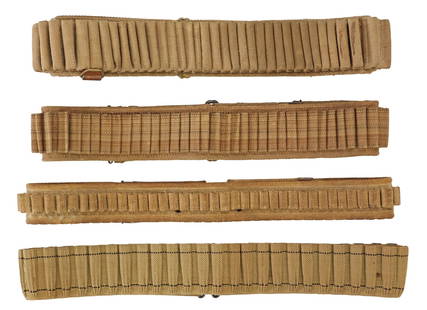 (4) U.S. ARMY WWI ERA CARTRIDGE BELTS: (4) U.S. Army Cartridge Belts, WWI Era; (1) consignor marked "very scarce Mills Field Artillery" .38 caliber cartridge belt, last patent date Sept. 11, 1894, 45 cartridge loops,