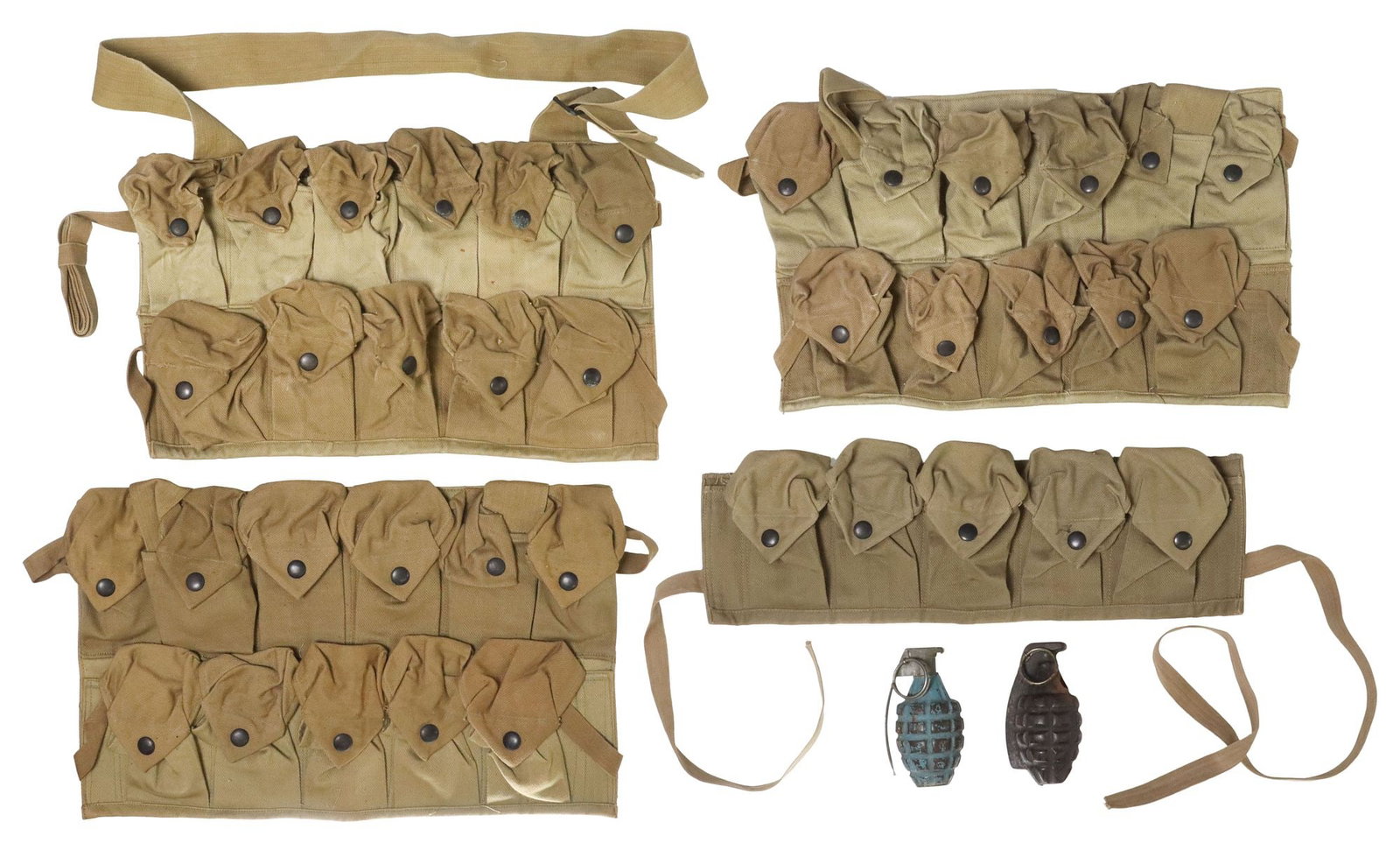 (6) U.S. ARMY WWI GRENADE VESTS, 2 PRACTICE GRENADES: (lot of 6) WWI Grenade Vests, Practice Grenades; (2) Non active practice hand grenades, one marked at the top of the lever "Fuze M10A3, Lot EK, 1-150", blue color, one a single &n