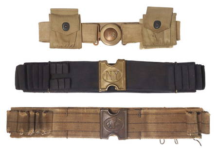 (3) MILLS CARTRIDGE BELTS, 1910, NEW YORK & DOG PLATE: (lot of 3) U.S. Army Cartridge and Garrison Belt: (1) Model 1910 garrison belt with U.S. buckle, the belt hardware marked Mills with last patent date 1907, 2 pouches attached; (1)