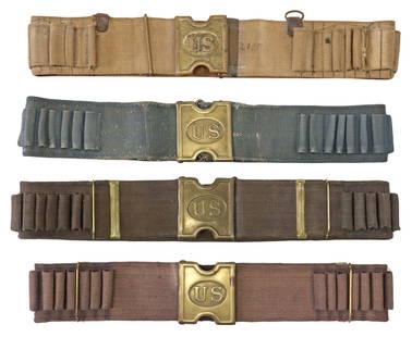 (4) U.S. ARMY CARTRIDGE BELTS & U.S. PLATES: (lot of 4) U.S. Army Cartridge Belts: (3) Mills rifle cartridge belts, each with 1881 patent U.S. buckle, one each in blue, green and brown; (1) Shotgun belt with unmarked U.S. buckle, for
