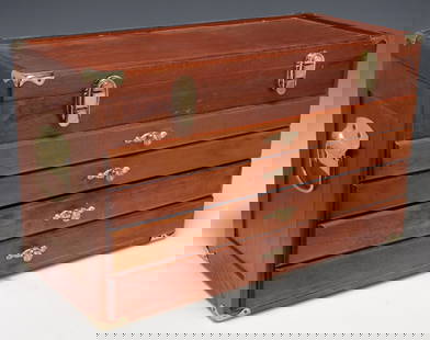 COLLECTORS BOX, HINGED TOP OVER FOUR DRAWERS: Display collection wood storage box, the upper part with a latched hinged lid affording 2" deep storage, four lower pull out drawers approx. 1.25"d, each storage area with interior