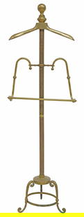 BRASS ADJUSTABLE CLOTHING VALET: Brass Clothes Valet with adjustable height trouser hanger, approx. 54"h, 17.5"w, 14"d, comes apart at center in two pieces approx. 25.5"l and 29.5"l, total weight