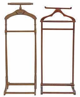 (2) WOOD CLOTHES VALET: (lot of 2) Clothes Valet, both wood, both with change tray, one is approx. 46.5"h, 19.5"w, 17.5"d, the other is approx. 45.5"h, 16.5"w, 15.5"d, total of all