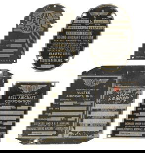 (4) WWII U.S. ARMY AIRFORCE AIRCRAFT DATA PLATES, B17, P39, BT13: (lot of 4) WWII Aircraft Data Plates all obtained from out of service planes at the Boca Raton Army Airfield in 1945 by a USAAF student pilot: (1) Boeing B17E Flying Fortress Data