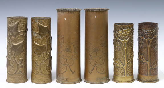 (6) FRENCH WWI-ERA TRENCH ART ARTILLERY SHELL VASES: (lot of 6) French WWI-era trench art vases, fashioned from artillery shells, including: (pair) having scalloped trim and incised floral motifs, inscribed "Marcel" and "Therese"