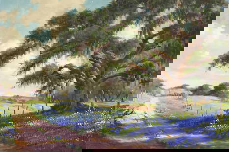 DOLLIE S. NABINGER (TX, 1905-1988) BLUEBONNET LANDSCAPE PAINTING: Unframed oil on canvas painting, Country Trail with Bluebonnets and Spanish Moss, signed lower left D.S. Nabinger (Dollie S. Nabinger, Texas, 1905-1988), stamped canvas verso Allen Art