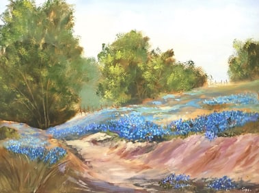 SUE CUNNIGHAM (20TH C.) TEXAS LANDSCAPE WITH BLUEBONNETS PAINTING