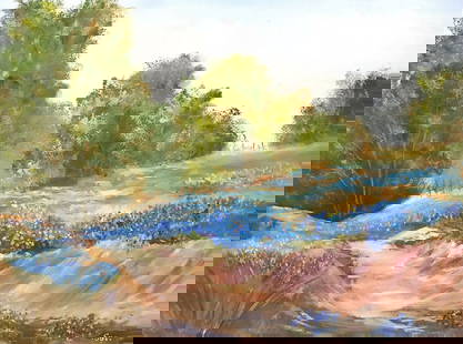 SUE CUNNIGHAM (20TH C.) TEXAS LANDSCAPE WITH BLUEBONNETS PAINTING: Framed oil on canvas painting, Forest Trail with Bluebonnets, signed lower right Sue (Sue Cunningham, 20thc.), additional artist signature and dated 04/ [19]91 back stretcher, sight: approx
