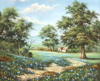 SIGNED S. WOODS TEXAS LANDSCAPE WITH BLUEBONNETS OIL PAINTING, 20" X 24"