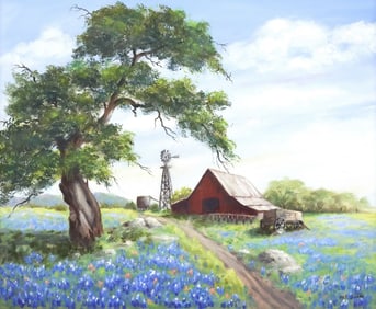 SIGNED M.E. FIELDS PAINTING, TEXAS BLUEBONNETS LANDSCAPE, 20" X 24"