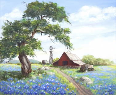 SIGNED M.E. FIELDS PAINTING, TEXAS BLUEBONNETS LANDSCAPE, 20" X 24": Framed oil on canvas painting, Texas Barn Landscape with Bluebonnets, signed lower right M.E. Fields (20th c.), sight: approx 19.5"h, 23.5"w, overall: approx 29"h, 33"w, 8.5lbs