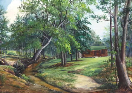 EXA WALL (TX, 1898-1998) CABIN IN THE WOODS OIL PAINTING, 23" X 32": Framed oil on canvas painting, Creekside Landscape with Cabin, signed lower right Exa Wall (Elma Harvey Wall, Texas, 1898-1998), sight: approx 22.5"h, 31.5"w, overall: approx 28.75"h,