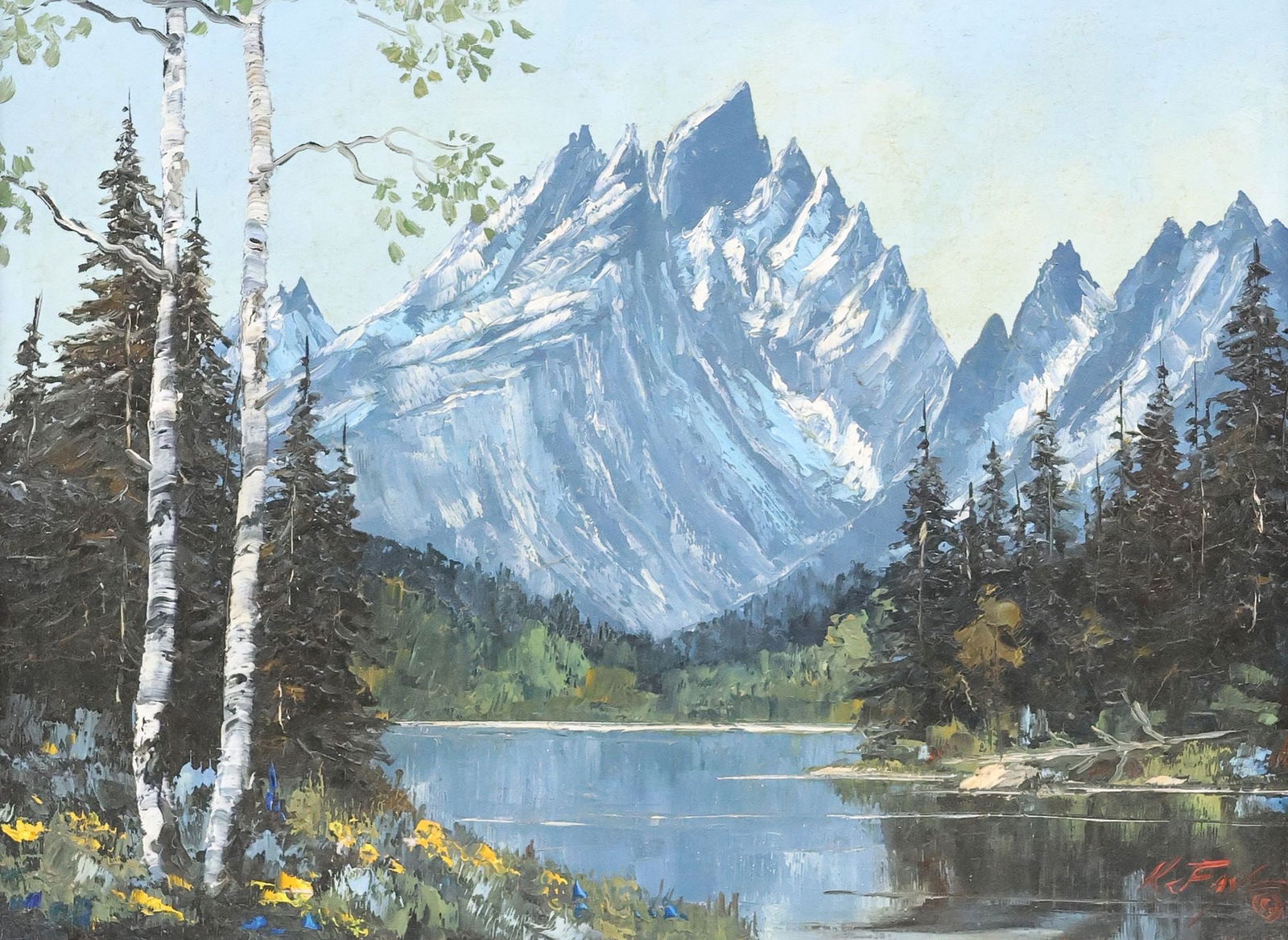 KEITH FAY (1920-2008) JENNY LAKE AT THE GRAND TETONS MOUNTAINS PAINTING: Framed oil on canvas painting, "Along Jenny Lake," signed lower right K. Fay (Keith Fay, Wyoming, 1920-2008), sight: approx 11.5"h, 15.5"w, overall: approx 19"h, 23.25"w,