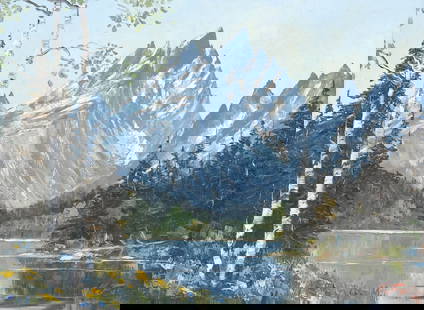 KEITH FAY (1920-2008) JENNY LAKE AT THE GRAND TETONS MOUNTAINS PAINTING: Framed oil on canvas painting, "Along Jenny Lake," signed lower right K. Fay (Keith Fay, Wyoming, 1920-2008), sight: approx 11.5"h, 15.5"w, overall: approx 19"h,