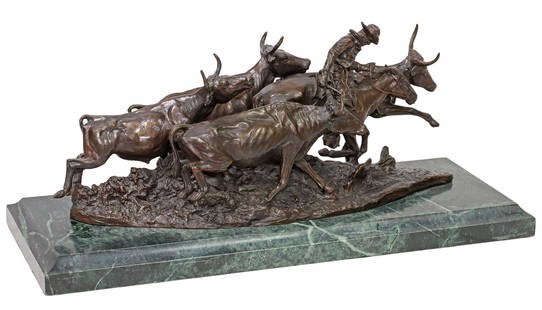 AFTER FREDERIC REMINGTON 'THE STAMPEDE' BRONZE: Western patinated bronze sculpture, "The Stampede," after the original by Frederic Sackrider Remington (American, 1861-1909), on beveled green marble platform base, overall: approx