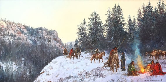 HUBERT WACKERMANN (B.1945) PAINTING, 'BLACKFEET MOVING CAMP,' 12" X 24"