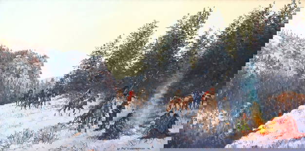 HUBERT WACKERMANN (B.1945) PAINTING, 'BLACKFEET MOVING CAMP,' 12" X 24": Framed oil on Masonite painting, "Blackfeet Moving Camp," signed lower right H. Wackermann (Hubert Wackermann, New Mexico/ Canada/ Germany, b.1945), dated 1995, titled verso, sight: approx
