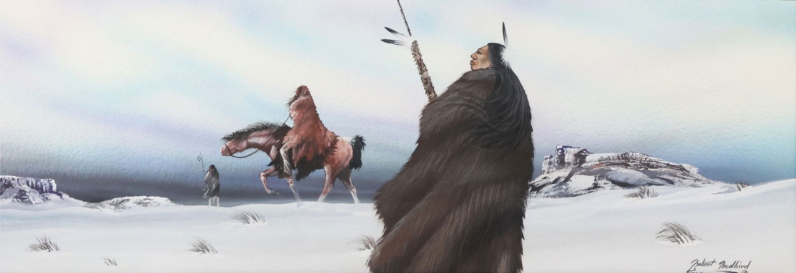ROBERT REDBIRD, SR. (KIOWA, 1939-2016) MIXED MEDIA PAINTING, WINTER SCOUTS (1 of 5)