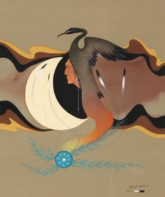 ROBERT REDBIRD, SR. (KIOWA, 1939-2016) MIXED MEDIA PAINTING, MAN & MOON