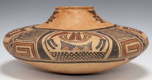 BILL FREEMAN (1927-2012) LARGE SIKYATKI HOPI STYLE POTTERY BOWL, 18.5"DIAM: Large Sikyatki Hopi style pottery vessel, signed underfoot Bill Freeman (Bill [William] Edward Freeman, Arizona/ Wyoming, 1927-2012), dated 2007, numbered P7031 and inscribed "Sikyatki"