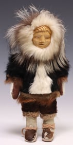 VINTAGE INUIT DOLL, FUR, SEAL SKIN, CARVED WOOD FACE