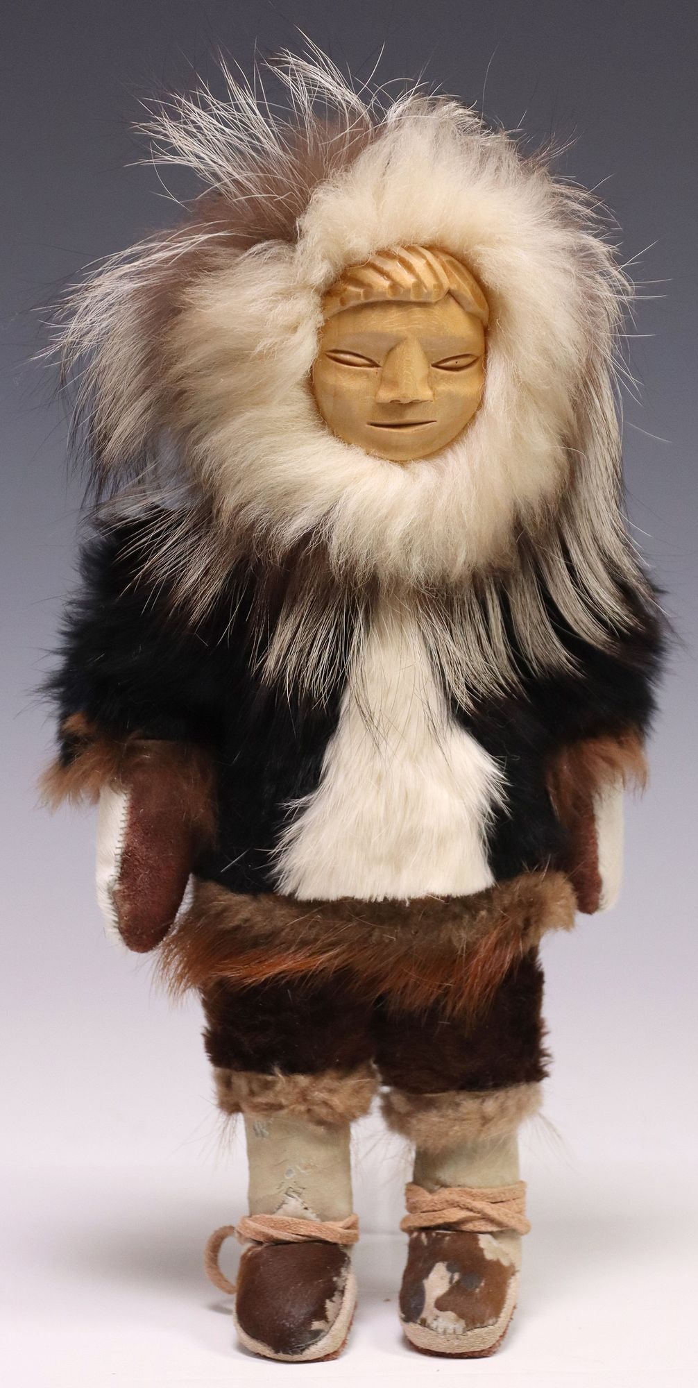 VINTAGE INUIT DOLL, FUR, SEAL SKIN, CARVED WOOD FACE (1 of 5)