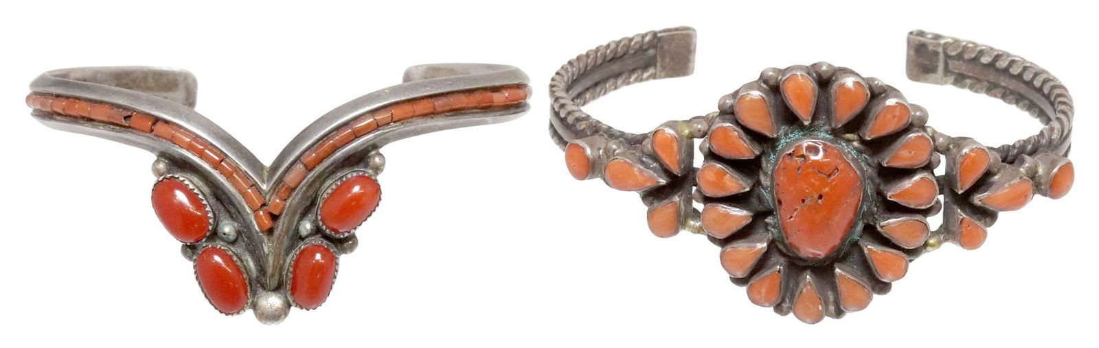(2) SOUTHWEST STERLING SILVER & RED CORAL CUFF BRACELETS: (lot of 2) Southwest sterling silver cuffs, including: (1) Les Baker Shop (1935-2014), shaped cuff having red coral cabochons and red coral beaded trim, LB thunderbird picto mark hallmark,&n