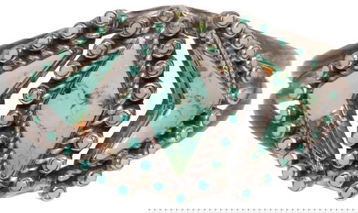NATIVE AMERICAN NAVAJO STERLING & TURQUOISE CUFF: Native American sterling silver bracelet, marked sterling/ DC, possibly for Delbert Chatter (Navajo/ Dine, 20th c.), three geometric turquoise plaques, framed by small cabochons, on a split cuff, appr