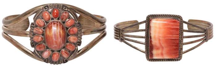 (2) NATIVE AMERICAN STERLING SILVER & SPINY OYSTER SHELL CUFFS