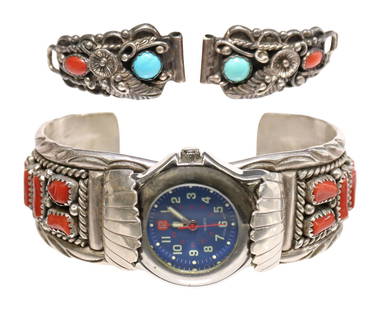 (2) NATIVE AMERICAN STERLING WATCH CUFF & SOUTHWEST WATCH TIPS: (lot of 2) Sterling silver watch cuff and watch tips, including: (1) watch cuff, marked MC/ sterling, possibly for Michael Calladitto (Navajo/ Dine, 20th c.), sections of red coral set in serrated bez