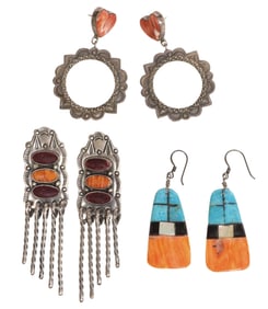 (3 PAIRS) SOUTHWEST SILVER & SPINY OYSTER SHELL EARRINGS