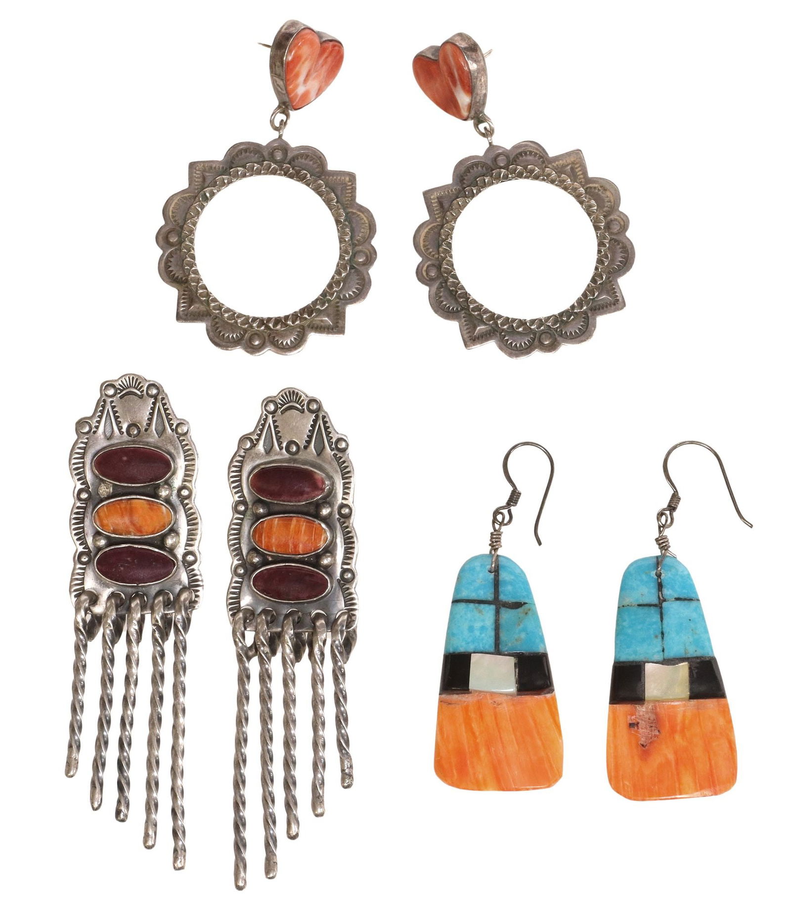 (3 PAIRS) SOUTHWEST SILVER & SPINY OYSTER SHELL EARRINGS (1 of 5)