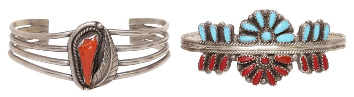 (2) SOUTHWEST SILVER RED CORAL & OTHER CUFF BRACELETS