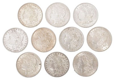 (10) U.S. MORGAN SILVER DOLLARS, 1879 & 1921