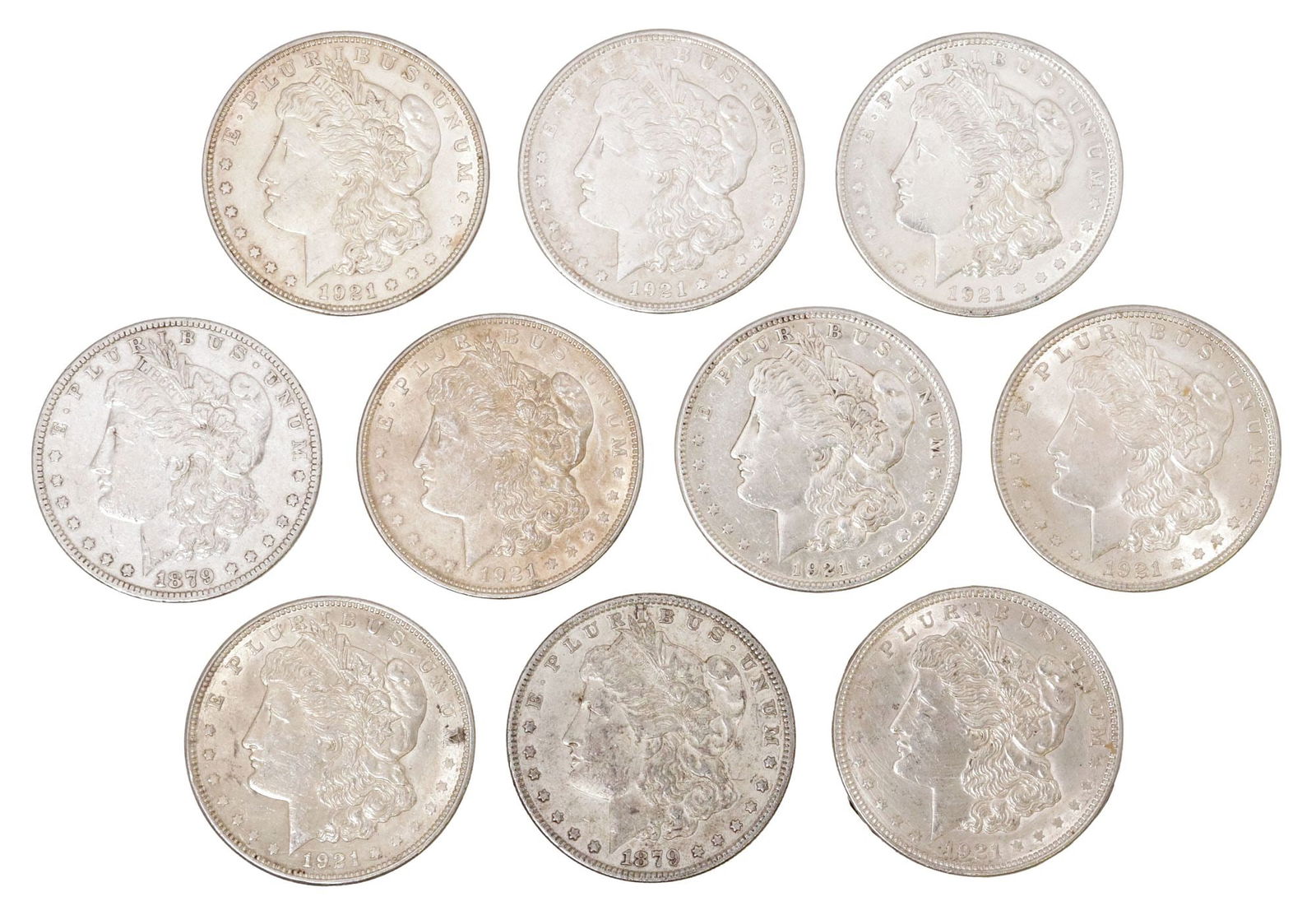 (10) U.S. MORGAN SILVER DOLLARS, 1879 & 1921 (1 of 2)