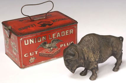 (2) COLLECTIBLE TABLE ITEMS: UNION LEADER CUT PLUG TOBACCO BOX & BRONZE BISON SCULPTURE