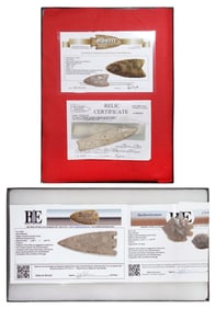 (4) STONE ARROWHEADS & SPEAR POINTS, C.O.A.'S, IN RIKER BOXES