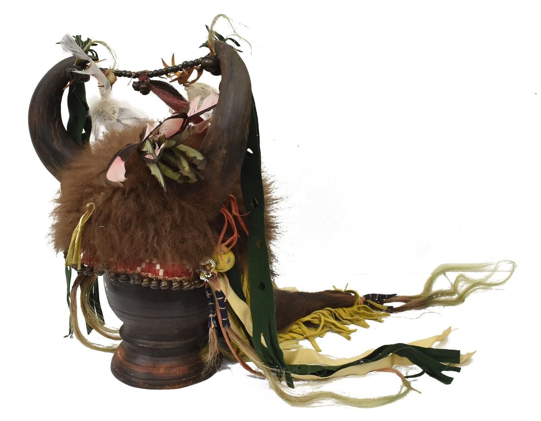 NATIVE AMERICAN STYLE SPLIT-HORN FUR-LINED HEADDRESS (1 of 2)