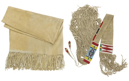 (2) FRINGED DEER HIDE BLANKET & CROW STYLE BEADED RIFLE QUIVER