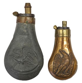 (2) ANTIQUE EAGLE POWDER FLASKS, ONE COLT & ONE ZINC