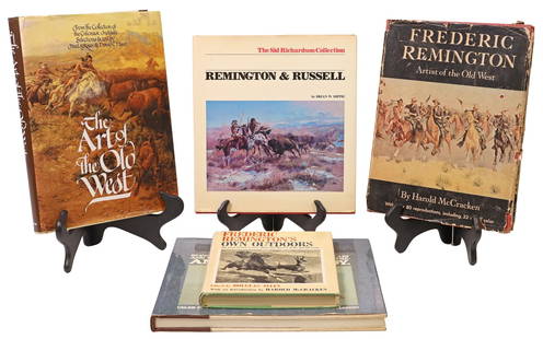 (5) BOOKS: WESTERN ART & FREDERIC REMINGTON SUBJECTS, 2 SIGNED: (lot of 5) Books: Western art subjects, including: (1) "Frederic Remington: Artist of the Old West," by Harold McCracken, author signed with sentiment at front end paper, introduction by