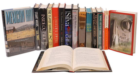 (16) AUTHOR-SIGNED BOOKS, NOVELS & HISTORY SUBJECTS, MANY 1ST EDITIONS: (lot of 16) Books: United States history and political subjects, travel, historical fiction, thrillers, and novels, all signed by the author at front title page or end paper, including: (1)