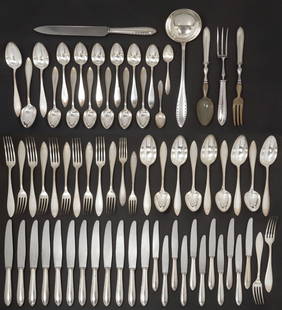 (68) CHRISTOFLE 'ALBATROS' SILVERPLATE PART CANTEEN OF CUTLERY: (lot of 68) French silverplate partial flatware service, Orfevrerie Christofle, in the "Albatros," pattern, including: (12) hollow handle knives, 9 5/8"l, (11) hollow handle dessert knives, 8"l, (12)