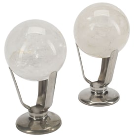 (2) ROCK CRYSTAL SPHERES ON CHROMED METAL STANDS