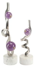 (2) MODERNIST AMETHYST, METAL & MARBLE TABLE GARNITURES