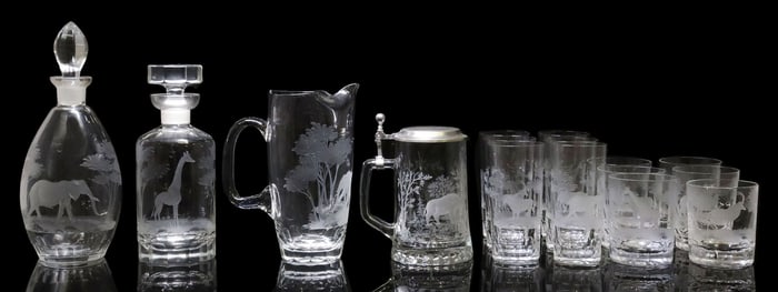 (16) ROWLAND WARD SAFARI ENGRAVED CRYSTAL BARWARE