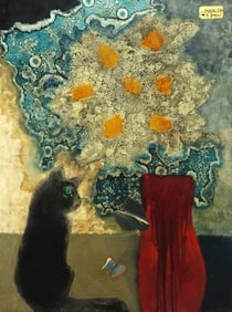 SIGNED VIETNAMESE LACQUER PAINTING BLACK CAT & FLOWERS